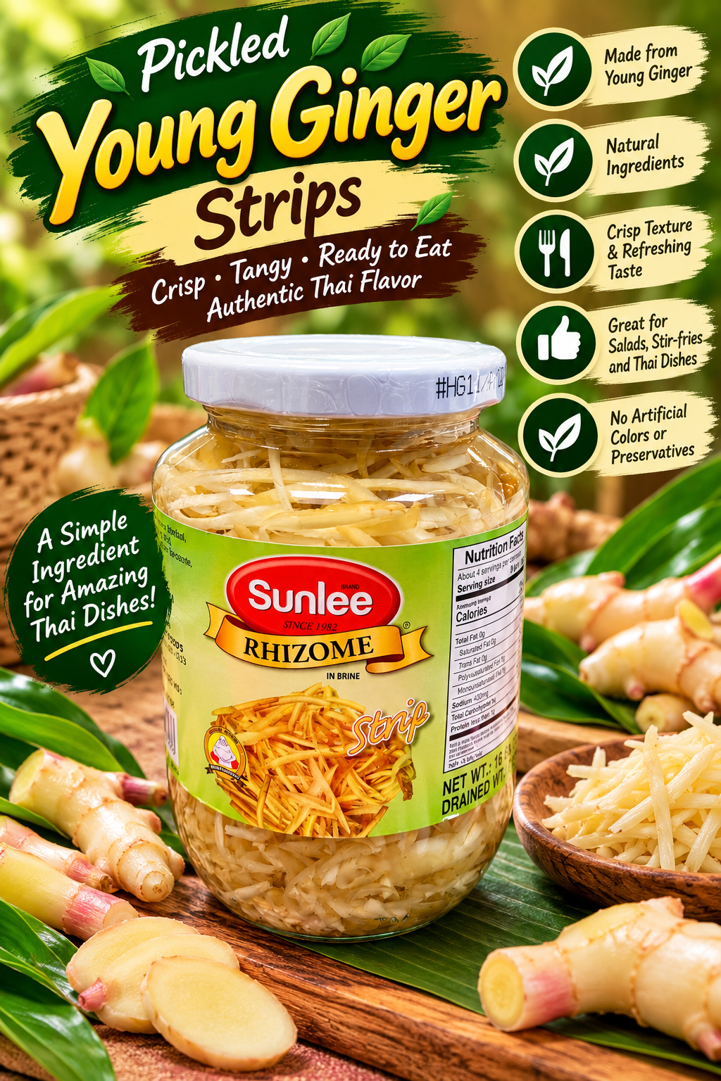 Sunlee Rhizome in Brine (Kra Chai) Strips 16 oz (454 g)